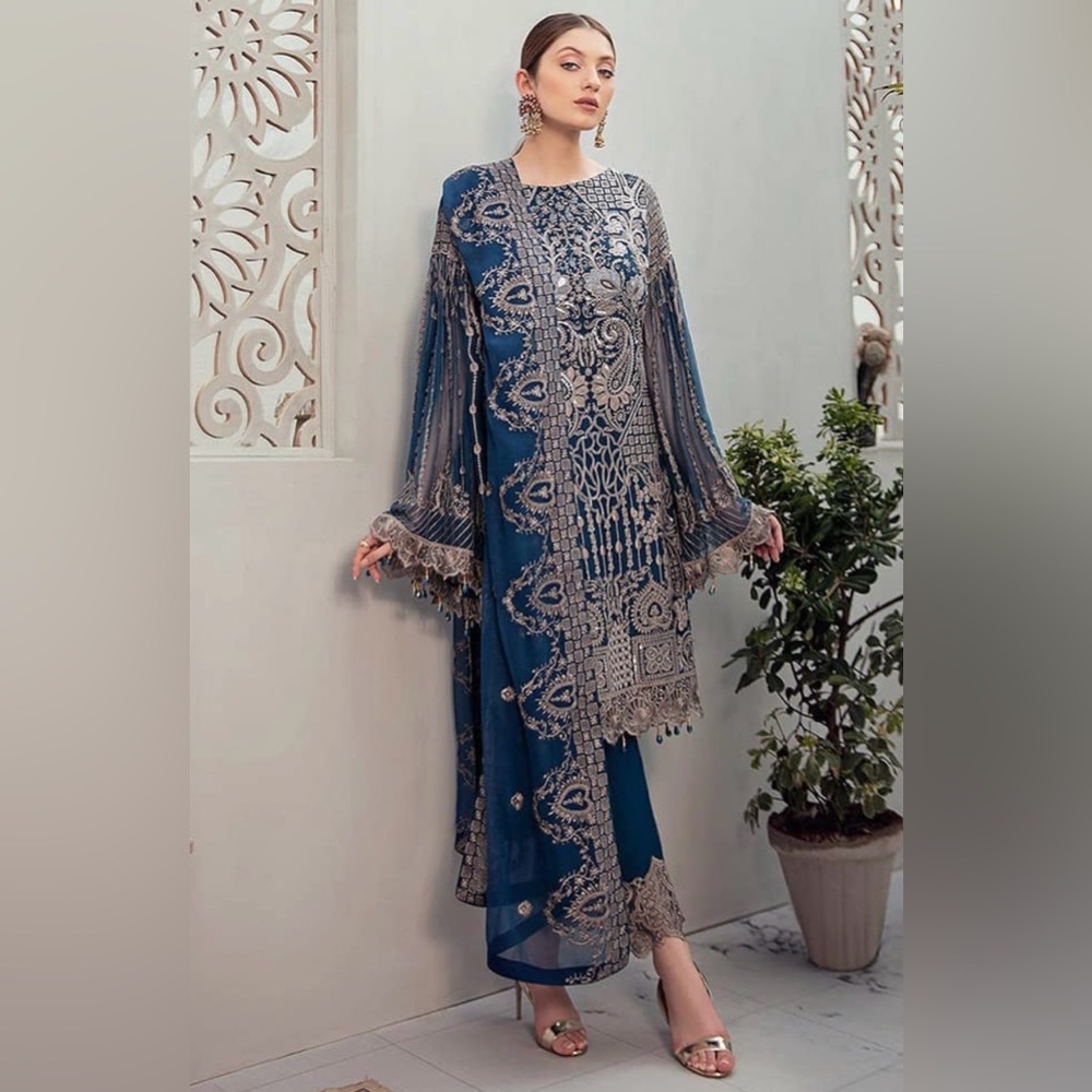 Elegant Blue and gold Embroidered Dress